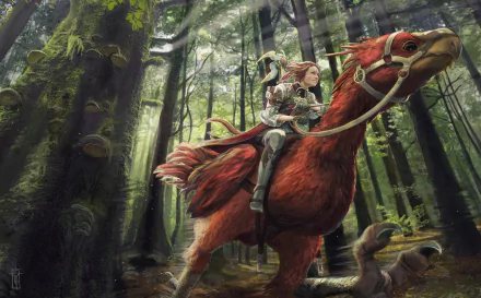 A character from Final Fantasy XIV rides a large red bird through a dense, sunlit forest filled with tall trees in this HD PC desktop wallpaper.