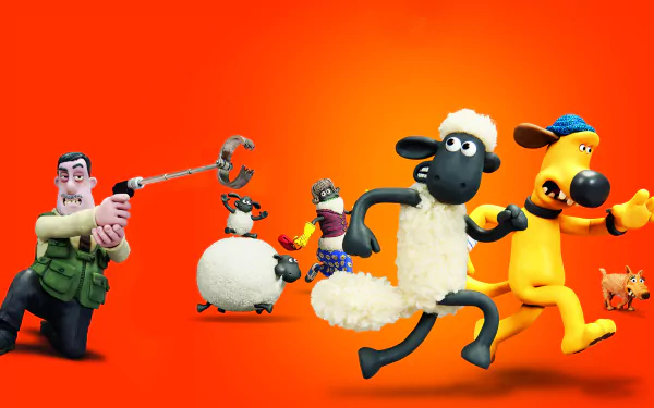 HD PC desktop wallpaper/background from Shaun the Sheep Movie: Shaun, Bitzer, flock and a pursuer in a comic chase across a bright orange background.