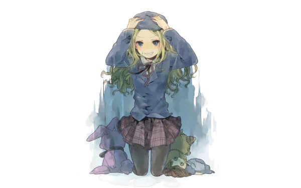 Frenda Seivelun (A Certain Scientific Railgun), watercolor-style portrait in school uniform with green-tinted hair and hands on her head — HD PC desktop wallpaper/background.