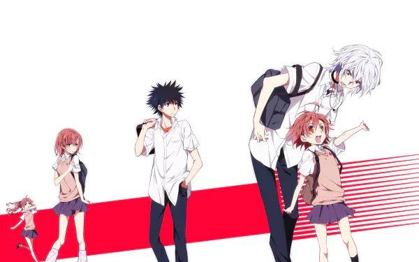 HD desktop wallpaper featuring Kamijou Touma, Accelerator, Last Order, Kuroko Shirai, and Mikoto Misaka from the anime A Certain Magical Index.