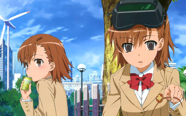 HD desktop wallpaper featuring Mikoto Misaka, an anime character from A Certain Scientific Railgun, in school uniform with short brown hair and brown eyes. She is depicted with her clone sister, set against an urban backdrop.