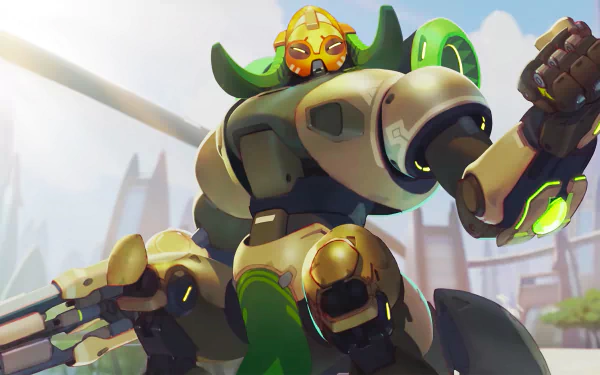 4K Ultra HD PC desktop wallpaper featuring Orisa, the robotic hero from the video game Overwatch, poised in a dynamic action stance.