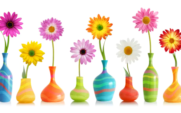 HD desktop wallpaper featuring an array of vibrant yellow and pink flowers in colorful, man-made vases.