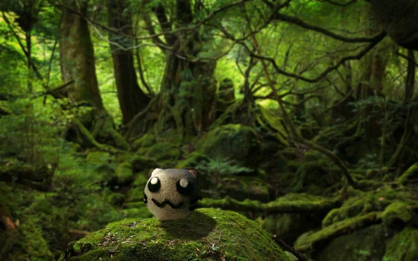 A whimsical character sits atop a moss-covered rock in a lush forest, surrounded by towering trees and vibrant greenery, creating a serene and enchanting atmosphere.
