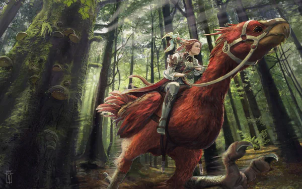 A character from Final Fantasy XIV rides a large red bird through a dense, sunlit forest filled with tall trees in this HD PC desktop wallpaper.