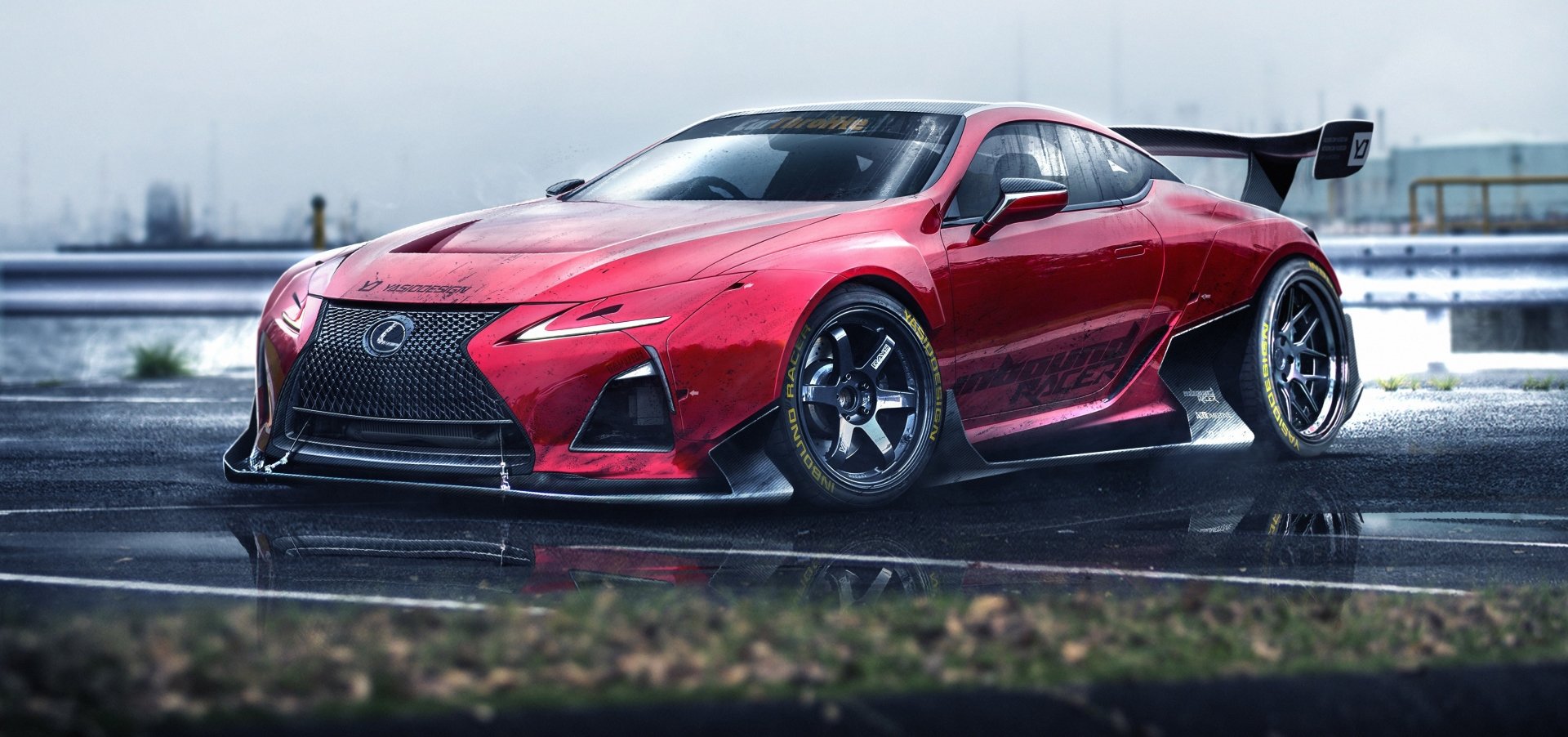 Red Lexus LC 500 supercar on wet pavement with low, aggressive stance and rear wing, 4K Ultra HD PC desktop wallpaper/background showcasing the Lexus vehicle.