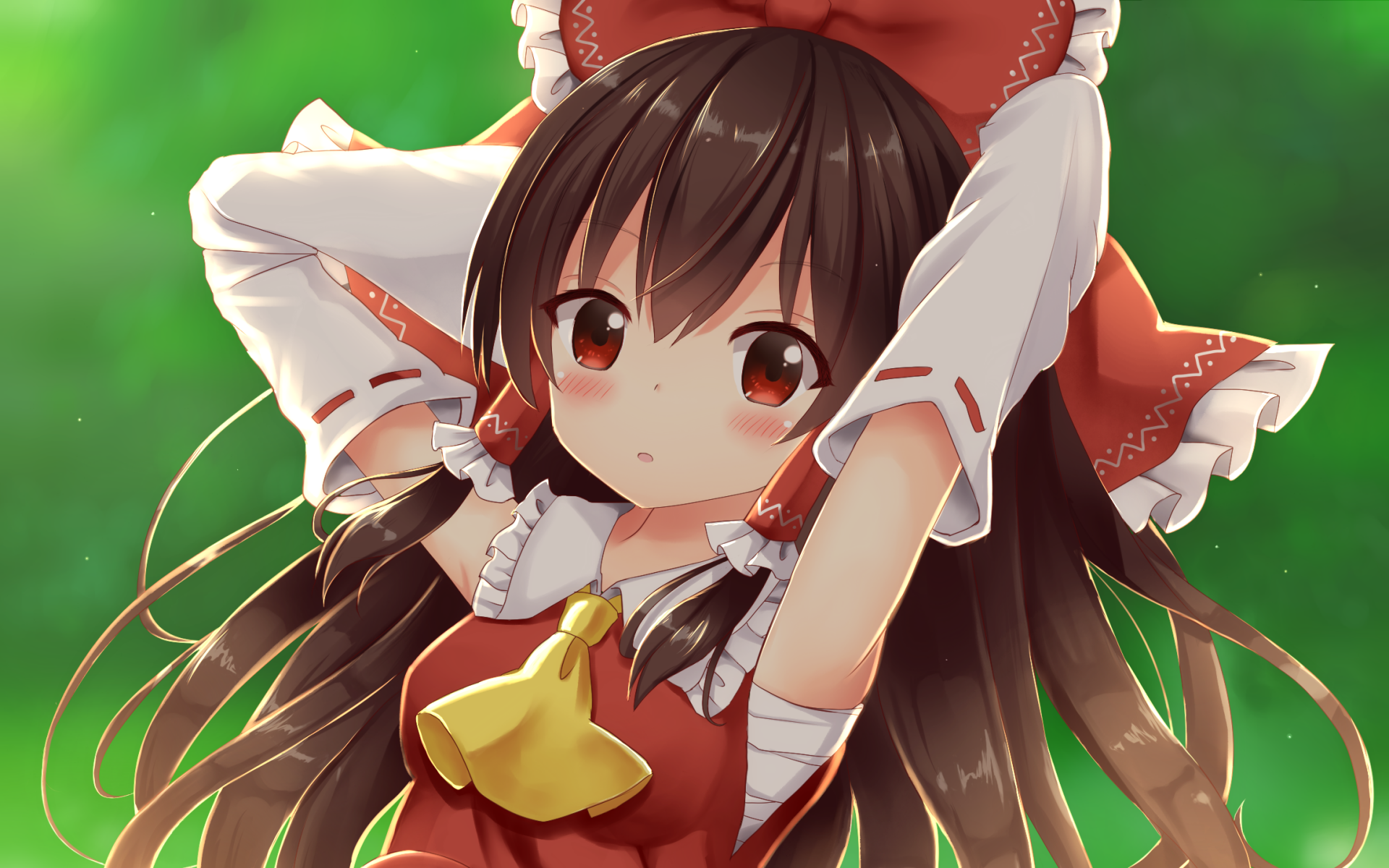 HD anime desktop wallpaper featuring Reimu Hakurei from Touhou, with vibrant colors and detailed character artwork against a green background.