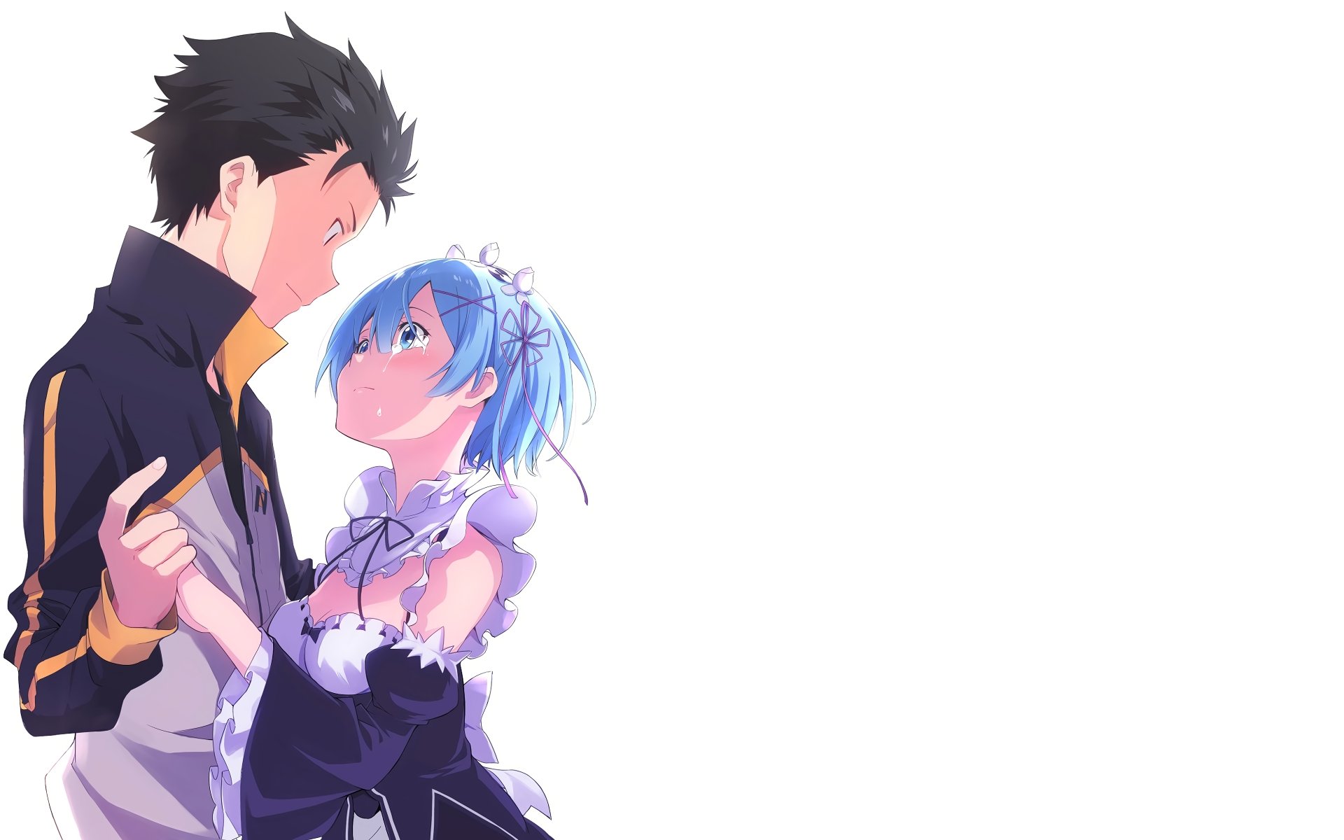 4K Ultra HD anime desktop wallpaper featuring Subaru Natsuki and Rem from Re:Zero - Starting Life in Another World, showcasing their close and heartfelt moment.