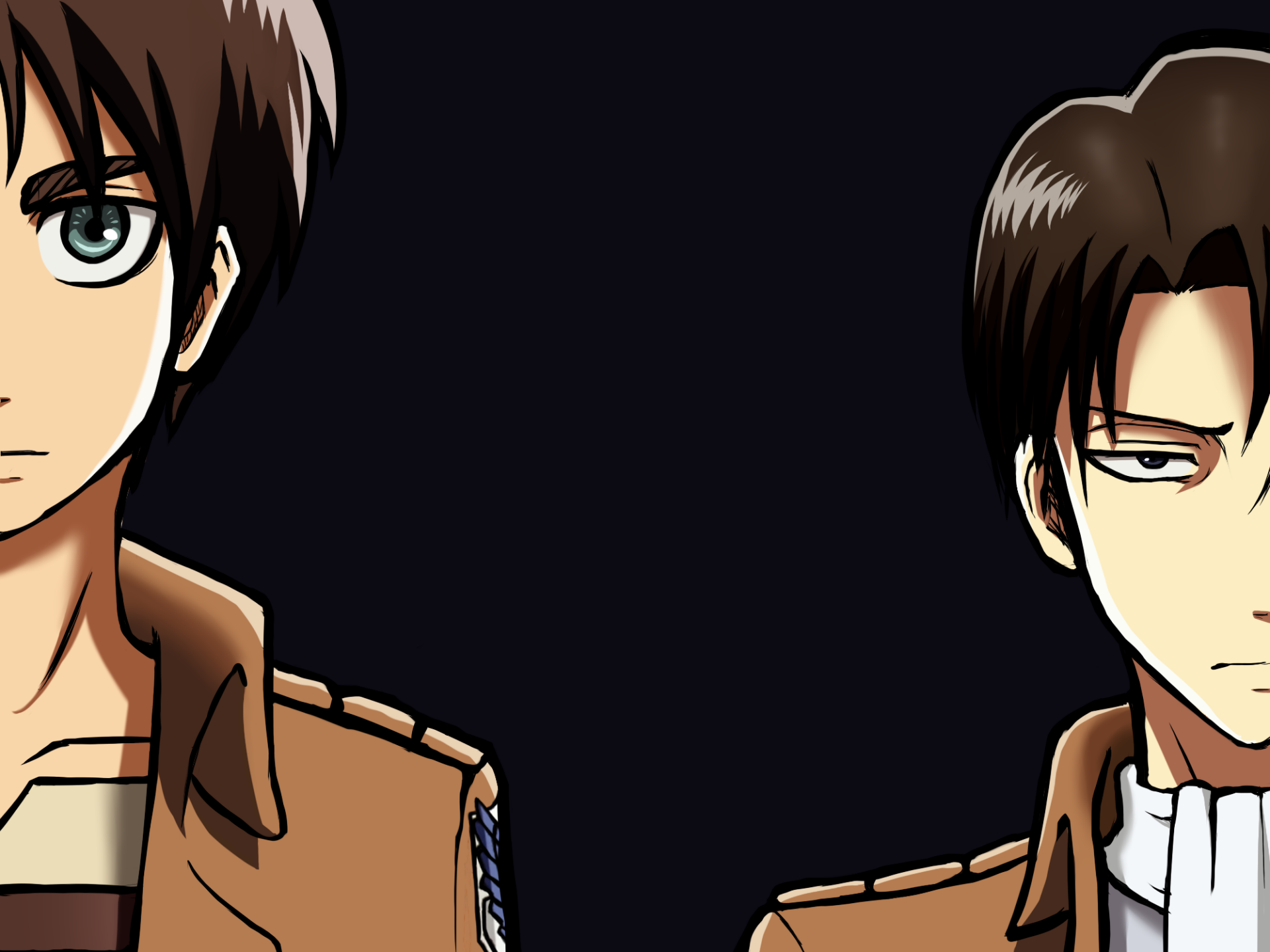 HD anime desktop wallpaper featuring close-up portraits of Eren Yeager and Levi Ackerman from Attack on Titan against a dark background.