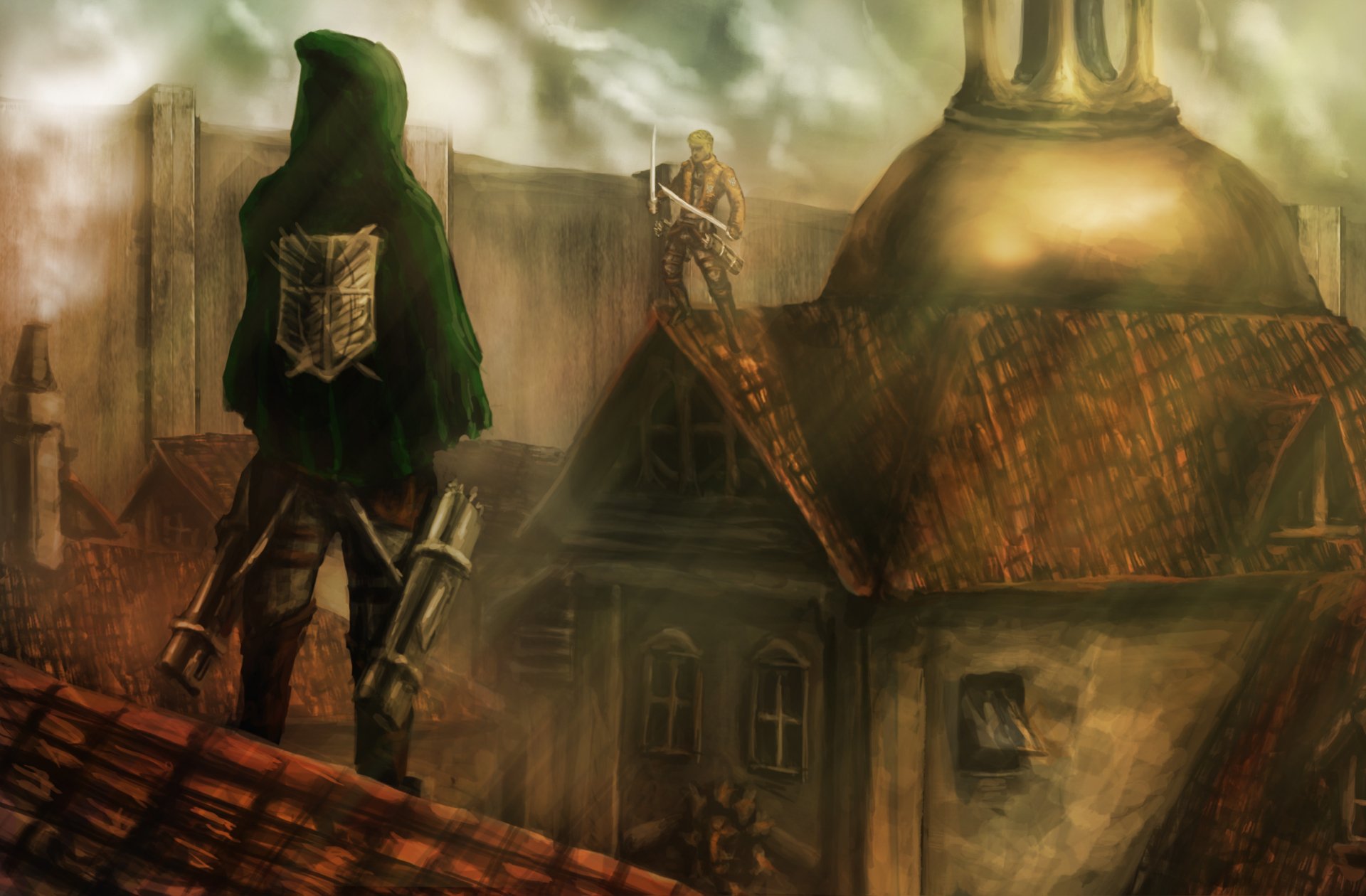 HD Anime desktop wallpaper featuring a character from Attack on Titan overlooking a village with smoky skies and detailed rooftops.