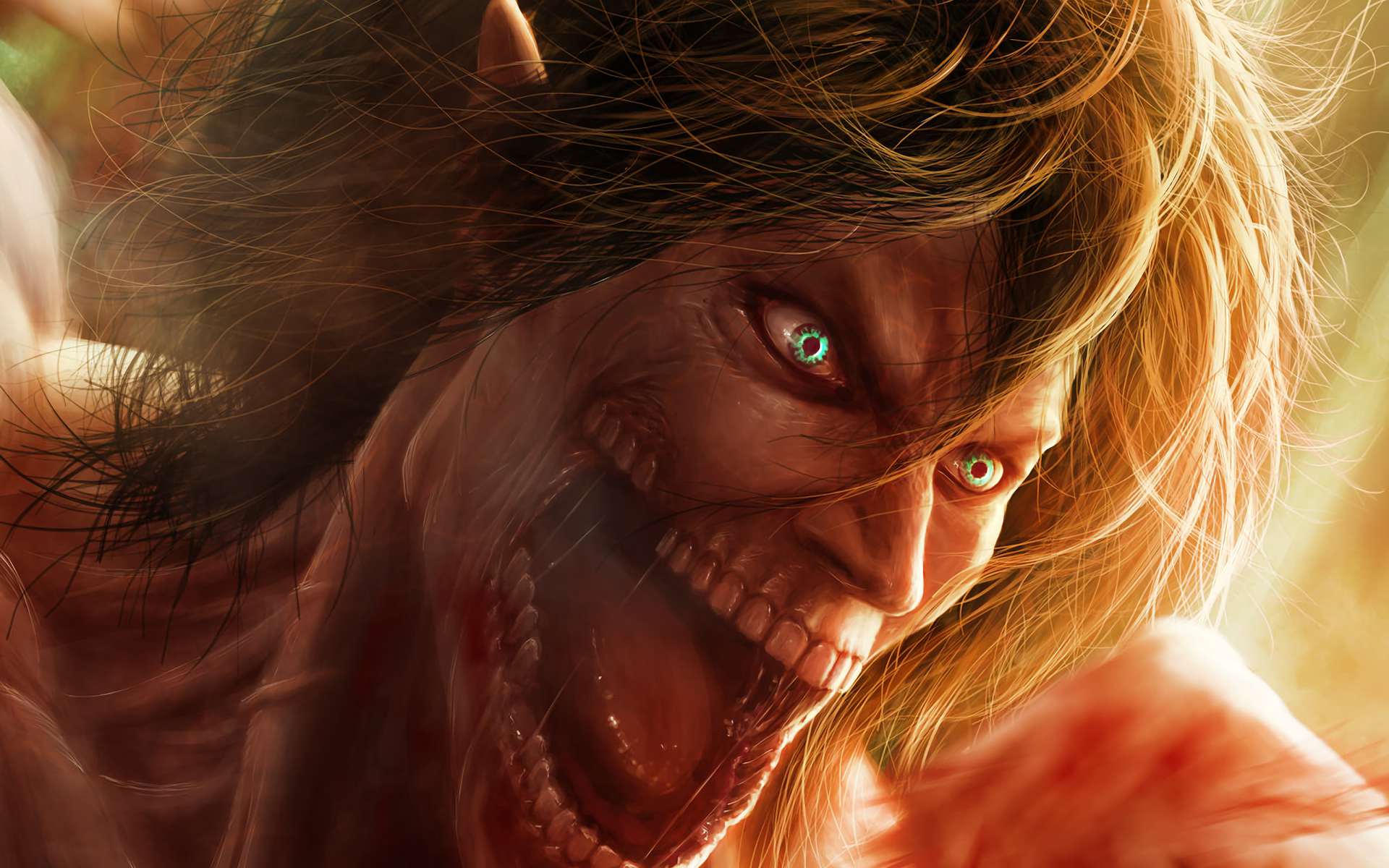 HD wallpaper featuring Eren Yeager in his Titan form from the anime Attack on Titan, showcasing intense expressions and vivid colors.