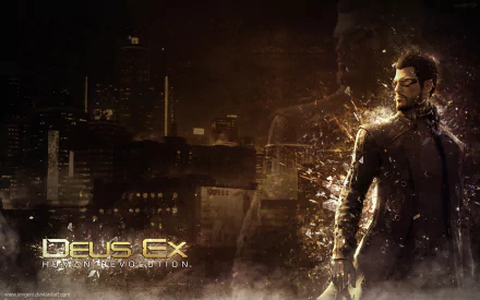 HD PC desktop wallpaper for Deus Ex: Human Revolution — Adam Jensen with augmentations and trench coat amid a golden, futuristic cityscape.
