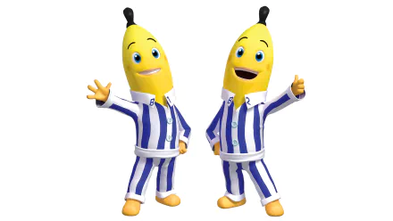 HD PC desktop wallpaper featuring the two cheerful Bananas in Pyjamas characters from the TV show, dressed in their signature blue-and-white striped pajamas.