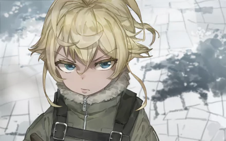 HD anime wallpaper featuring Tanya Degurechaff with aqua eyes and blonde hair from The Saga of Tanya the Evil, set against a muted, cloudy background.