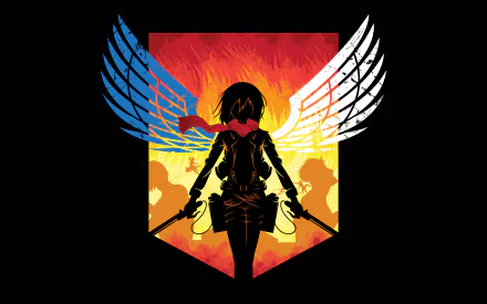 HD desktop wallpaper featuring Mikasa Ackerman from Attack on Titan. She stands in front of a vibrant background with wing-like designs, sword in hand, capturing the essence of the anime.