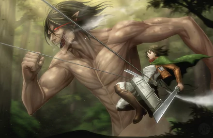 HD PC wallpaper featuring Eren Yeager in Titan form and Mikasa Ackerman from the anime Attack on Titan, captured in dynamic action within a forest setting.