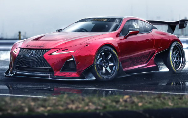 Red Lexus LC 500 supercar on wet pavement with low, aggressive stance and rear wing, 4K Ultra HD PC desktop wallpaper/background showcasing the Lexus vehicle.
