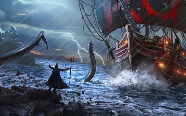 Fantasy Ship Lightning Storm Sea Monster Rain HD Wallpaper | Background Image