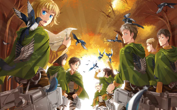 HD anime wallpaper featuring Attack on Titan characters Marco Bott, Sasha Blouse, Jean Kirstein, Connie Springer, Armin Arlert, Eren Yeager, and Mikasa Ackerman in a forest scene.