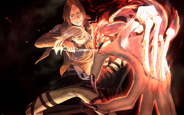 HD PC desktop wallpaper featuring Ymir and Historia Reiss from Attack on Titan in an intense, dynamic anime scene with fiery, dark background elements.