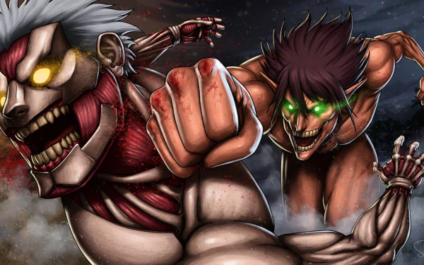 HD anime wallpaper featuring intense battle scene with Eren Yeager and Levi Ackerman from Attack on Titan, showcasing their titan forms in dynamic action.