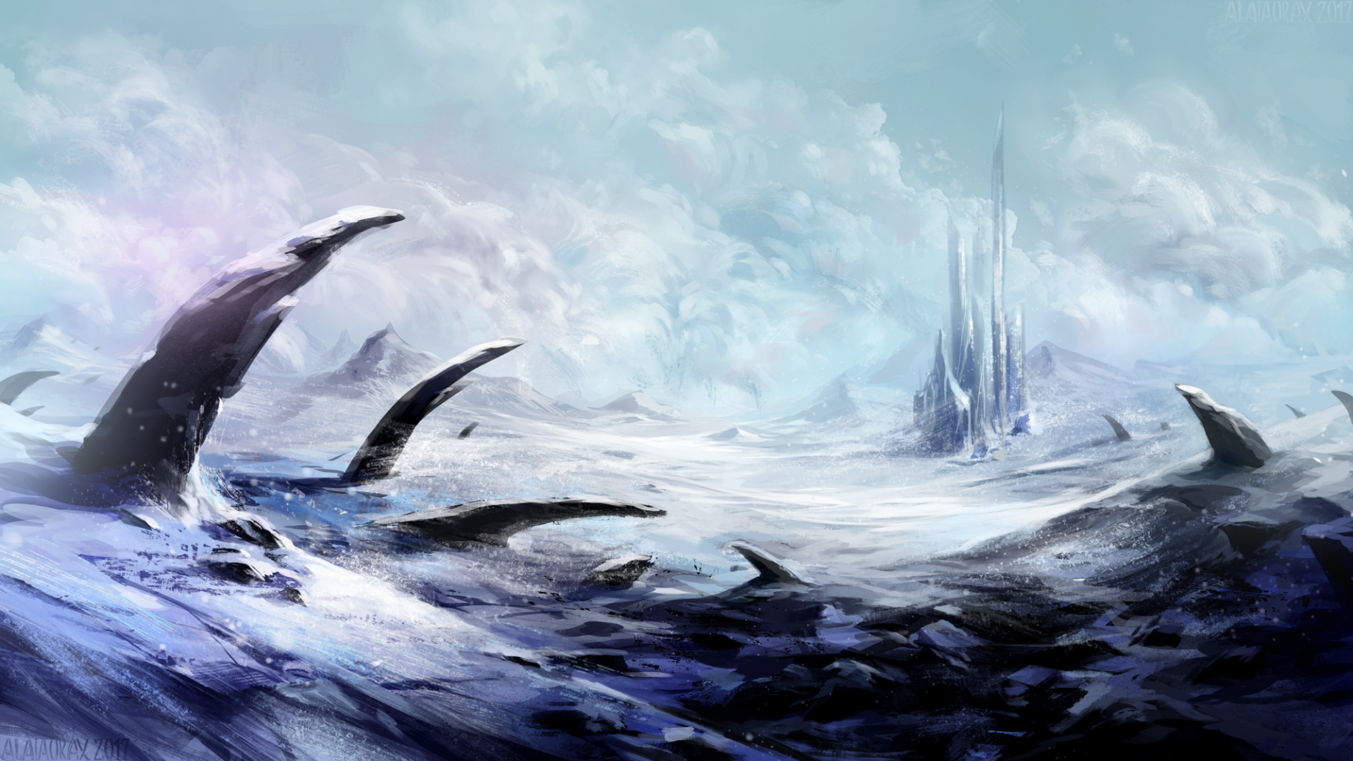 A fantasy landscape HD desktop wallpaper depicting a snowy wasteland with jagged, claw-like structures and a distant towering building under cloudy skies.