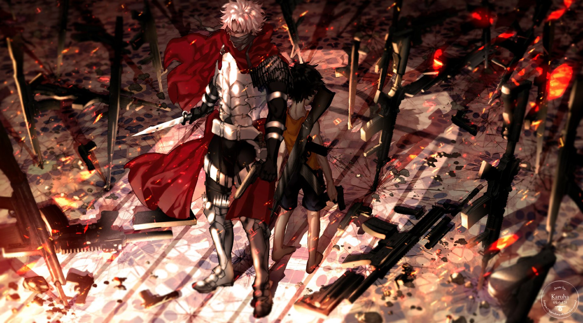 HD desktop wallpaper featuring dynamic characters from the anime Fate/Grand Order. The scene showcases intense detail with a backdrop of weapons and dramatic lighting.