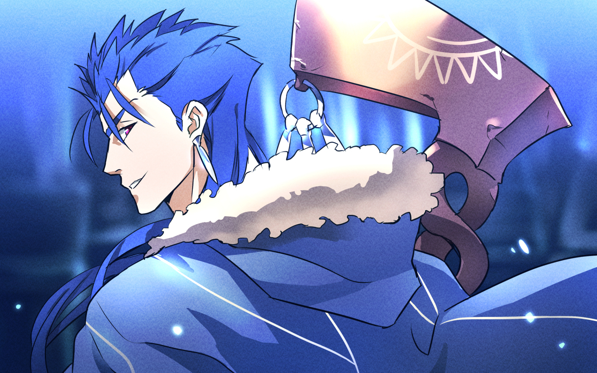 HD PC desktop wallpaper featuring an anime character from Fate/Stay Night: Unlimited Blade Works with blue hair and a large weapon against a glowing blue background.