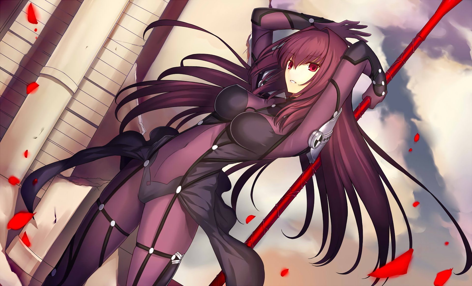 HD desktop wallpaper of Scathach from Fate/Grand Order, featuring her in a dynamic pose with long flowing hair, holding a spear against a backdrop of a cloudy sky and scattered red petals.