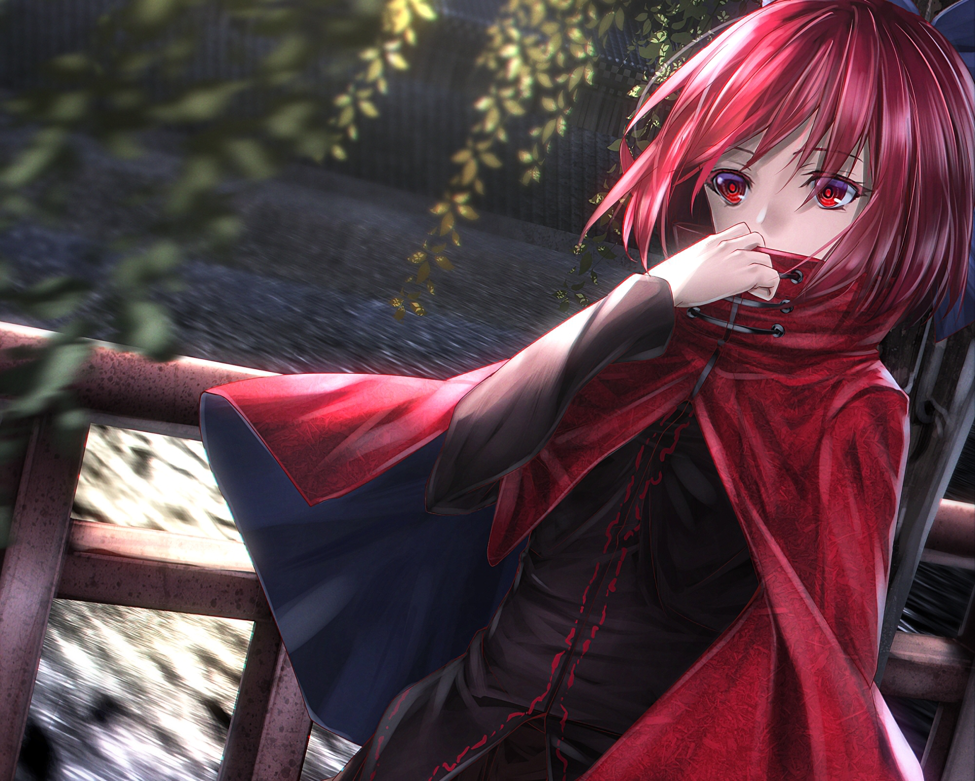 HD anime desktop wallpaper featuring Sekibanki from Touhou, showcasing her red hair and cloak in a detailed, atmospheric setting.