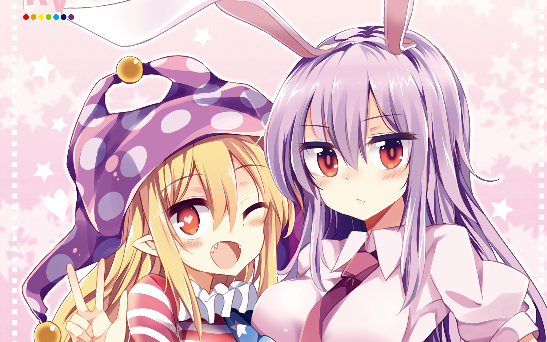 HD PC wallpaper of Touhou characters Reisen Udongein Inaba and Clownpiece: purple‑haired, bunny‑eared Reisen beside winking Clownpiece in a colorful jester hat on a pink starry background.