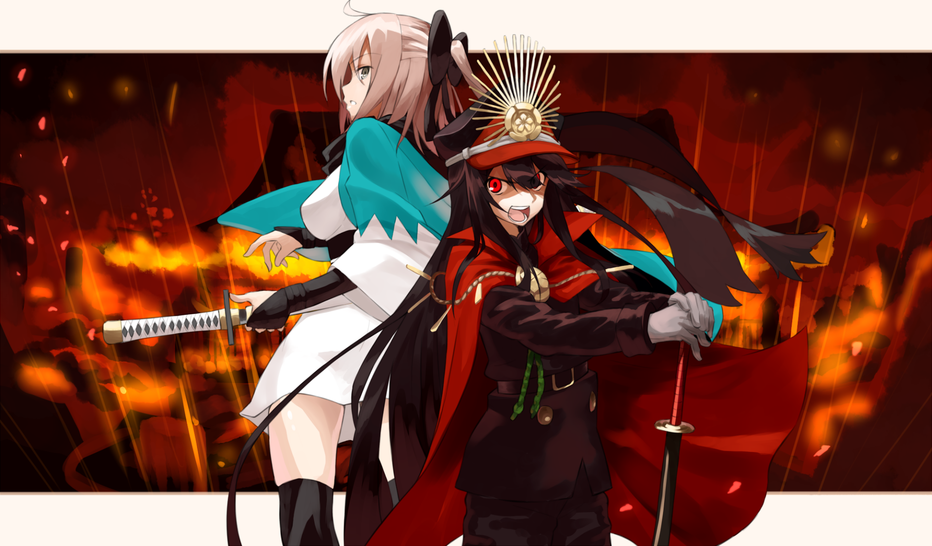 HD desktop wallpaper featuring Demon Archer and Sakura Saber from Fate/Grand Order in dynamic anime style, set against a fiery background from Fate/KOHA-ACE.