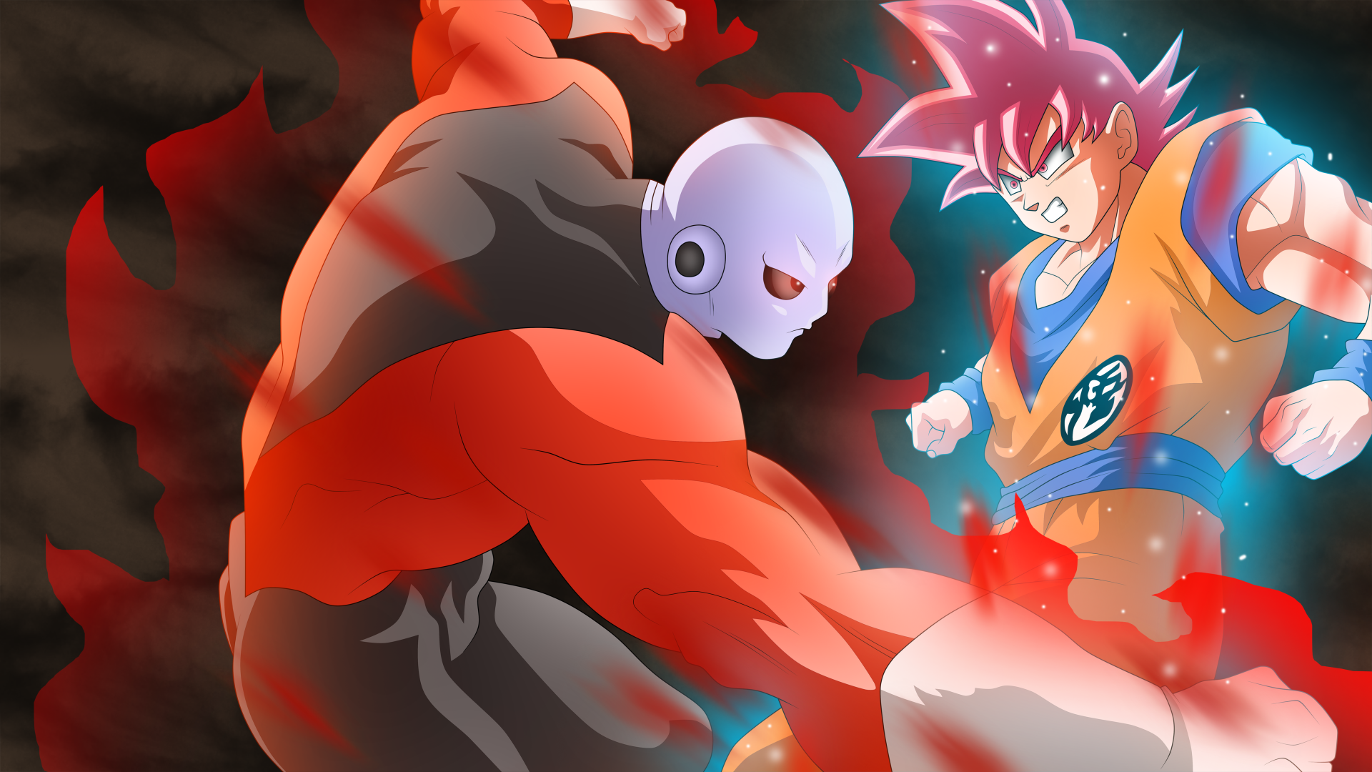 HD desktop wallpaper of Goku and Jiren from Dragon Ball Super, depicting an intense battle scene with vibrant colors and dynamic energy effects.
