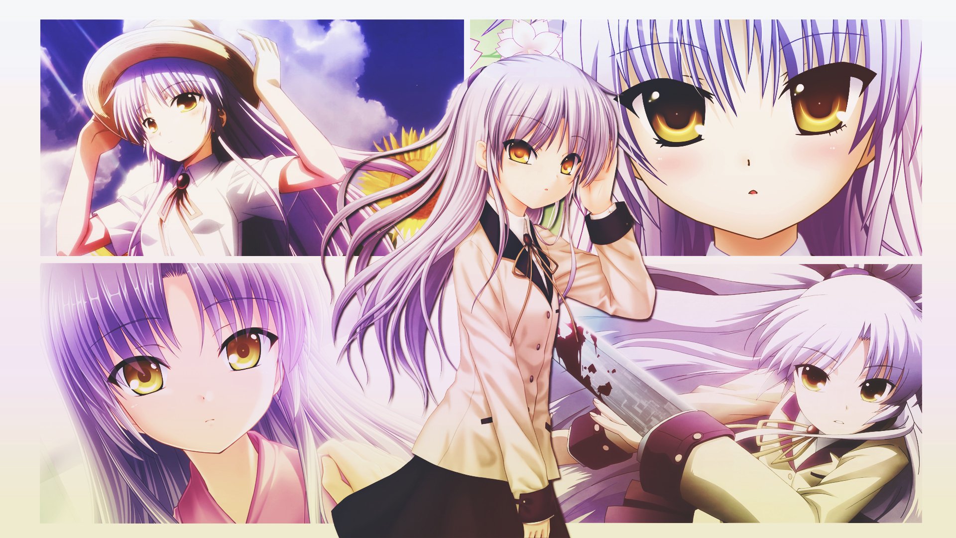HD desktop wallpaper featuring Kanade Tachibana from the anime Angel Beats!, displaying various scenes and expressions of the character with her distinct light purple hair and golden eyes.