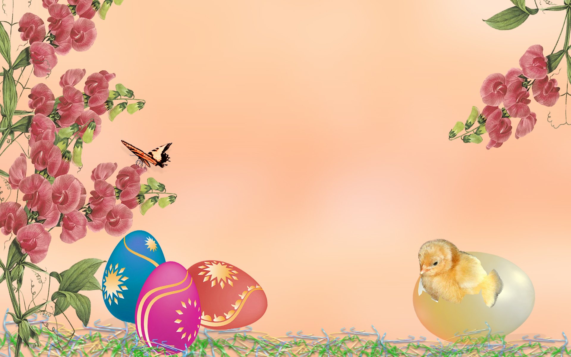HD PC desktop wallpaper: pastel Easter holiday scene with pink flowers framing edges, a butterfly near blooms, decorated Easter eggs on grass left and a yellow chick emerging from an eggshell right.