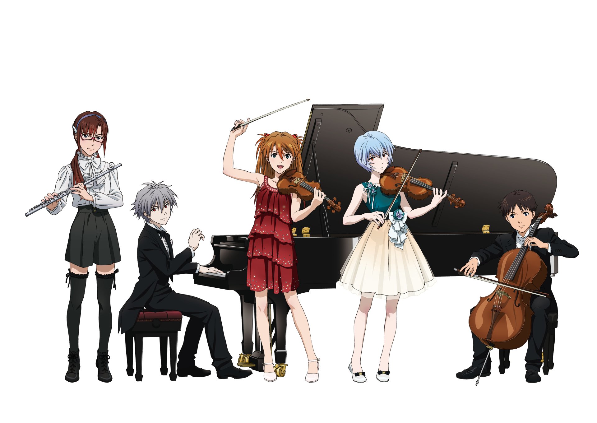Characters Asuka Langley Sohryu, Kaworu Nagisa, Mari Makinami Illustrious, Shinji Ikari, and Rei Ayanami from Evangelion: 2.0 You Can (Not) Advance perform music in a 4K Ultra HD wallpaper.