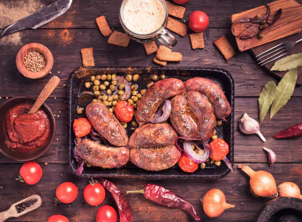 4K Ultra HD PC desktop wallpaper still life food: roasted sausages (meat), cherry tomatoes, peas and spices on a rustic wooden table.