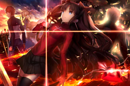 HD wallpaper featuring characters Shirou Emiya, Archer, Saber, and Rin Tohsaka from Fate/Stay Night: Unlimited Blade Works in an intense anime scene with dramatic lighting and a sunset background.