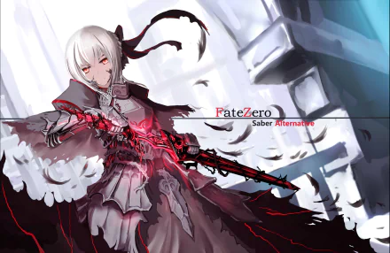 HD desktop wallpaper featuring a character from the anime Fate/Zero, depicting Saber Alternative with a fierce expression, wielding a red-glowing sword against a dramatic background.