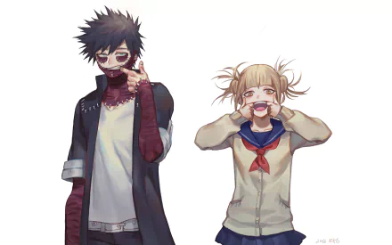 HD desktop wallpaper of Dabi and Himiko Toga from My Hero Academia. Dabi has black hair, yellow eyes, and a scar, while Himiko has blonde hair, blue eyes, and a playful expression.
