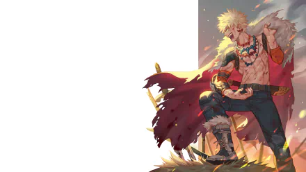 HD desktop wallpaper featuring Katsuki Bakugou from the anime My Hero Academia, depicted in a dynamic pose with a fierce expression and fiery background.