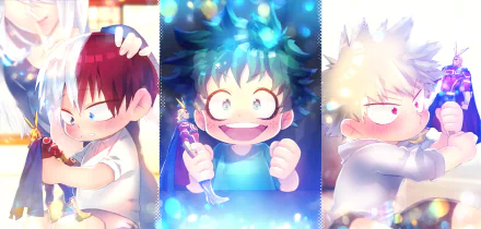 HD desktop wallpaper featuring Shoto Todoroki with two-toned hair, Izuku Midoriya with green hair, and Katsuki Bakugou from the anime My Hero Academia.