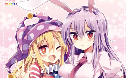 HD PC wallpaper of Touhou characters Reisen Udongein Inaba and Clownpiece: purple‑haired, bunny‑eared Reisen beside winking Clownpiece in a colorful jester hat on a pink starry background.
