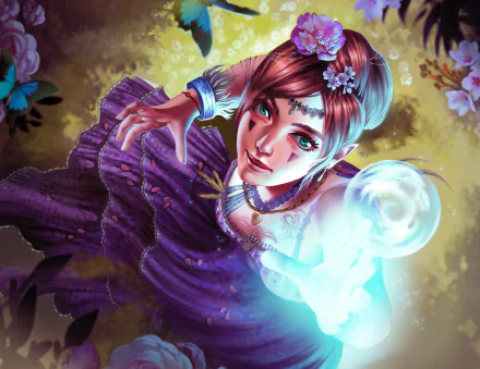 HD PC desktop wallpaper of a brown-haired woman with aqua eyes and a tattoo, in a flowing purple dress, reaching toward a glowing magical orb in a fantasy scene.