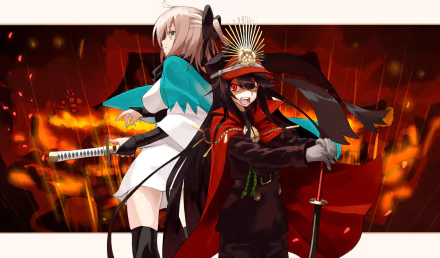 HD desktop wallpaper featuring Demon Archer and Sakura Saber from Fate/Grand Order in dynamic anime style, set against a fiery background from Fate/KOHA-ACE.