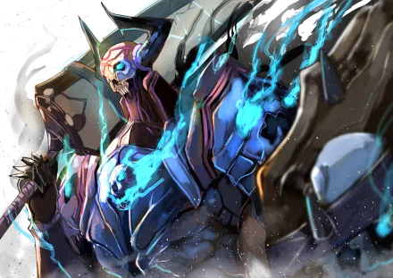 HD desktop wallpaper featuring King Hassan from Fate/Grand Order anime. The image depicts him in dark armor with glowing blue energy, wielding a large sword, creating a dramatic and intense background.