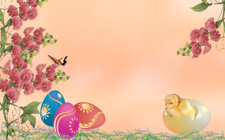 HD PC desktop wallpaper: pastel Easter holiday scene with pink flowers framing edges, a butterfly near blooms, decorated Easter eggs on grass left and a yellow chick emerging from an eggshell right.