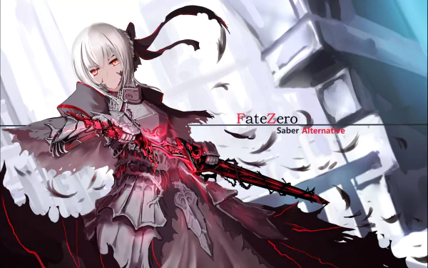 HD desktop wallpaper featuring a character from the anime Fate/Zero, depicting Saber Alternative with a fierce expression, wielding a red-glowing sword against a dramatic background.