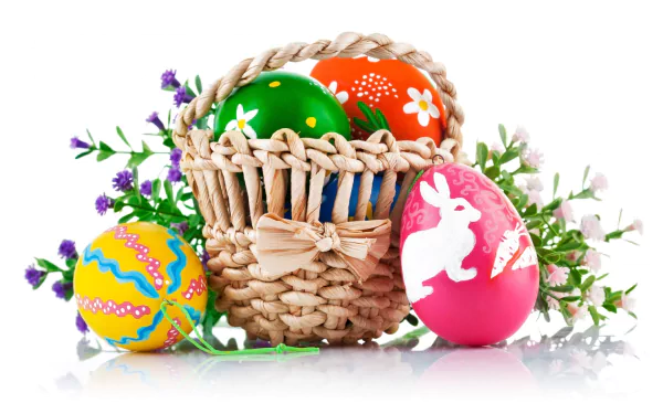 HD desktop wallpaper featuring a basket filled with colorful Easter eggs adorned with intricate designs, surrounded by vibrant flowers, celebrating the holiday spirit of Easter.