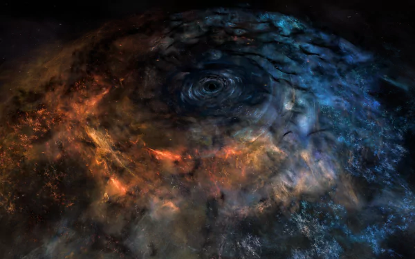 A stunning 8K Ultra HD Mass Effect: Andromeda wallpaper showcasing a cosmic swirl of fiery orange and cool blue nebulae in deep space.